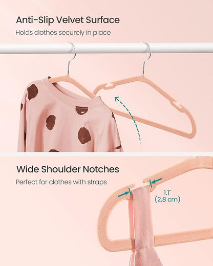 SONGMICS Baby Hangers 50 Pack, 11 x 6.9 Inches, Kids Hangers for Closet, Non-Slip Velvet Hangers, Childrens Hangers, Space-Saving Clothes Hangers, Wide Shoulder Notches, Coral Pink UCRF037R01