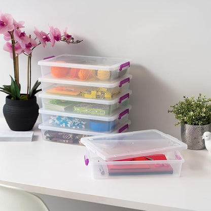 IRIS USA 6 Qt. Plastic Craft Storage Container Bins with Lids, 6 Pack, Small Art & Office Supply Organizer Tote, Sensory Bins & Boxes for Home & University, Stackable, Secure Latch Buckles, Clear