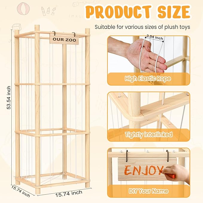 Woodure Stuffed Animal Storage & Organizer, Wooden Cute Zoo Toy Holder for Toddler Rooms, Playrooms & Bedrooms