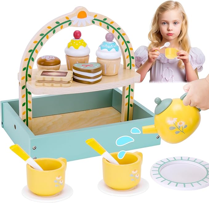 Hysagtek Wooden Tea Party Set for Little Girls, Toddler Tea Set with Cupcake Stand,Teapot Tea Cup Dessert Toys Tea Set Pretend Accessories for Girls Christmas Birthday Gift