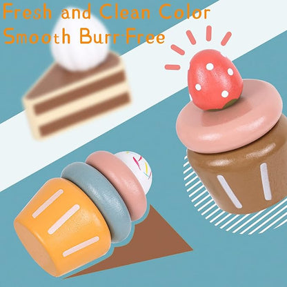 Wooden Dessert Cake Play Food Set Toys, Pretend Play Kids Tea Party Set for Little Girls Toddlers, Montessori Wooden Play Kitchen Accessories Sets for Kids