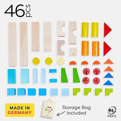 HABA Colored Wooden Building Blocks - 46 Piece Set of Wooden Toys, Stacking Toys for Toddlers 1-3 Ideal Open Ended Toys, Made in Germany
