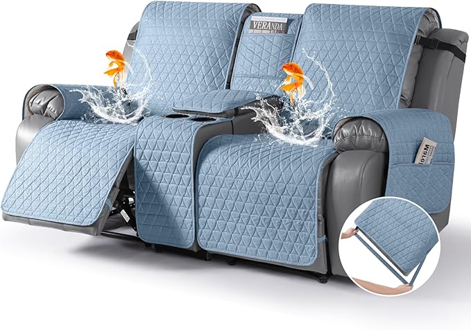 TAOCOCO 100% Waterproof Recliner Cover -Loveseat Recliner Cover with Center Console,Non-Slip Reclining Couch Covers for 2 Seat,with Elastic Straps Pocket for Kids, Dogs(Sky Blue, 2 Seater XL)