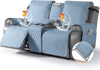 TAOCOCO 100% Waterproof Recliner Cover -Loveseat Recliner Cover with Center Console,Non-Slip Reclining Couch Covers for 2 Seat,with Elastic Straps Pocket for Kids, Dogs(Sky Blue, 2 Seater XL)