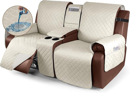 KinCam 100% Waterproof Loveseat Recliner Cover with Console, Non-Slip Reclining Couch Covers for 2 Seat, Recliner Couch Cover Furniture Protector with Elastic Straps for Kids, Pets, Ivory