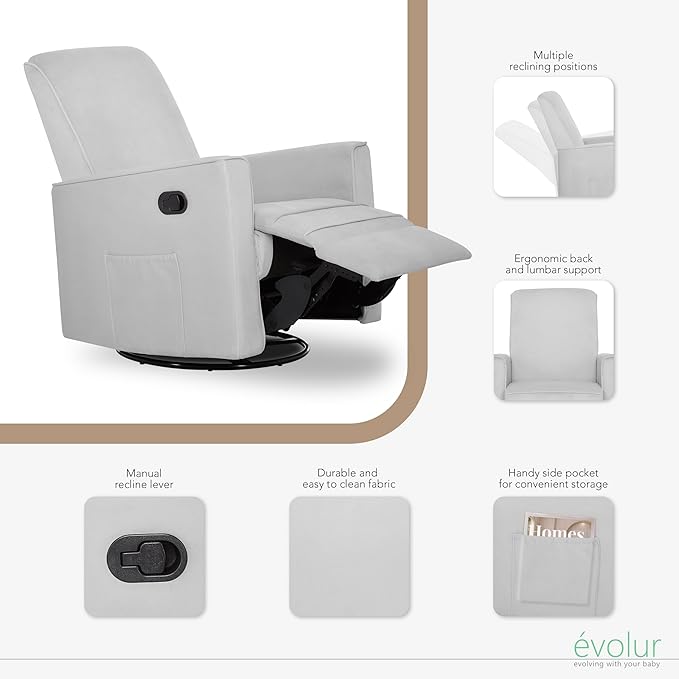 Evolur Raleigh Glider in Grey, Upholstered Plush Seating 360° Swivel Glider Rocking Chair, FSC Certified, Greenguard Gold & JPMA Certified Nursery Glider Recliner