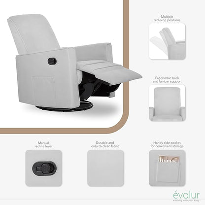 Evolur Raleigh Glider in Grey, Upholstered Plush Seating 360° Swivel Glider Rocking Chair, FSC Certified, Greenguard Gold & JPMA Certified Nursery Glider Recliner