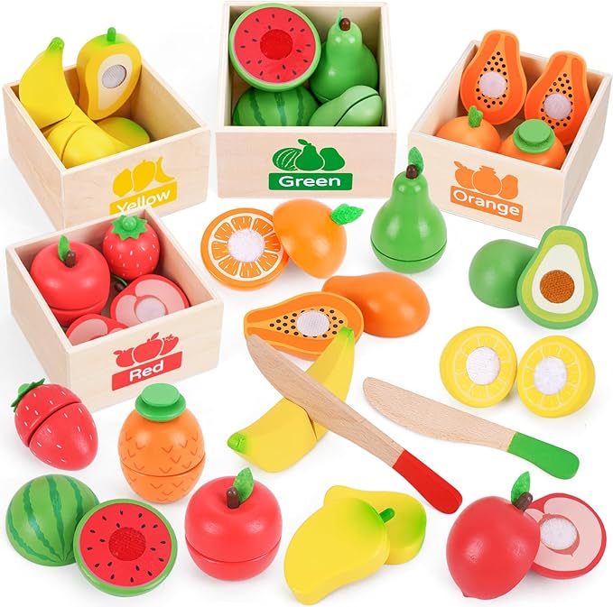 Fruit Sets - Kids Learning Toys for Toddlers 1-3, Play Kitchen Accessories Pretend Play Toys, Play Food Sets for Kids Kitchen, Wooden Fruit Preschool Toys for Girl Boy Christmas Birthday Gifts