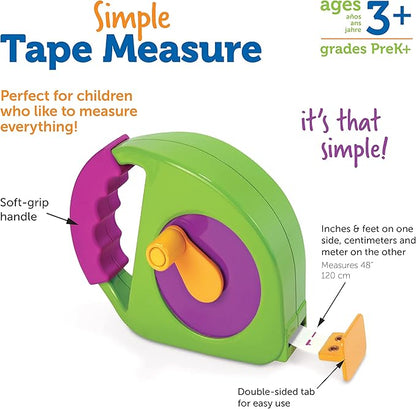 Learning Resources Simple Tape Measure, Ages 3+, Retractable Toy Tape Measure, Measures 4 Feet, Construction Toy for Kids,Back to School