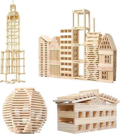 Wooden Plank Building Blocks 200PCS Sensory Toy for Kids, Montessori STEM Playset with Natural Pine Wood Creative Shapes for Educational Preschool Learning 3D Space Stacking Games for Boys Girls