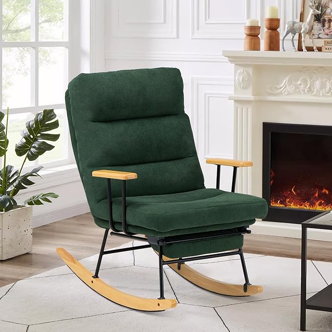 Rocking Chair with Footrest-Glider Rocker Chair with Retractable Footrest and Adjustable Backrest, Teddy Upholstered Rocking Chair Set of 2, Accent Chair for Living Room/Nursery/Bedroom/Outdoor-Green