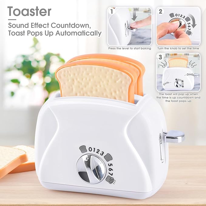 Kitchen Appliances Toys, Kids Play Kitchen Accessories Set, Pretend Kitchen Toys for Kids Ages 4-8, Coffee Maker, Mixer, Toaster with Realistic Lights & Sounds, Gift for Girls Ages 3+