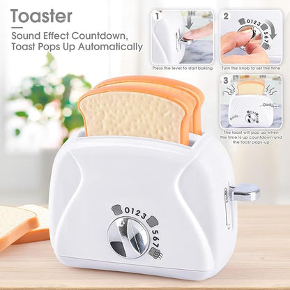 Kitchen Appliances Toys, Kids Play Kitchen Accessories Set, Pretend Kitchen Toys for Kids Ages 4-8, Coffee Maker, Mixer, Toaster with Realistic Lights & Sounds, Gift for Girls Ages 3+