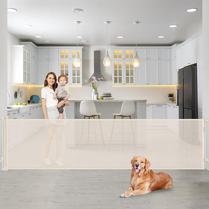 90 Inch Retractable Baby Gates Extra Wide Dog Gates for The House Extra Long Baby Gate for Stairs Child Gates for Wide Openings Large Dog Gate Indoor Outdoor Pet Gates for Dogs, Beige