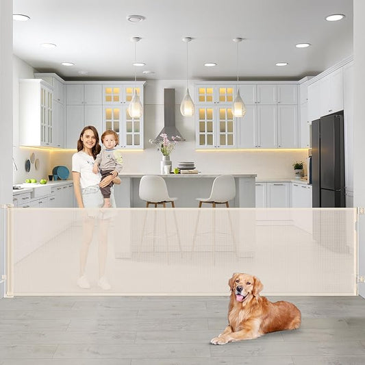 90 Inch Retractable Baby Gates Extra Wide Dog Gates for The House Extra Long Baby Gate for Stairs Child Gates for Wide Openings Large Dog Gate Indoor Outdoor Pet Gates for Dogs, Beige