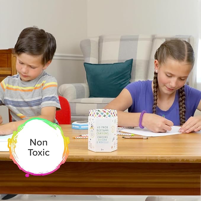 Kid Made Modern Beeswax Crayons for Toddlers & Kids (60 Pieces) - Coloring Non Toxic Crayons with Case & Built-In Sharpener (Ages 3+)