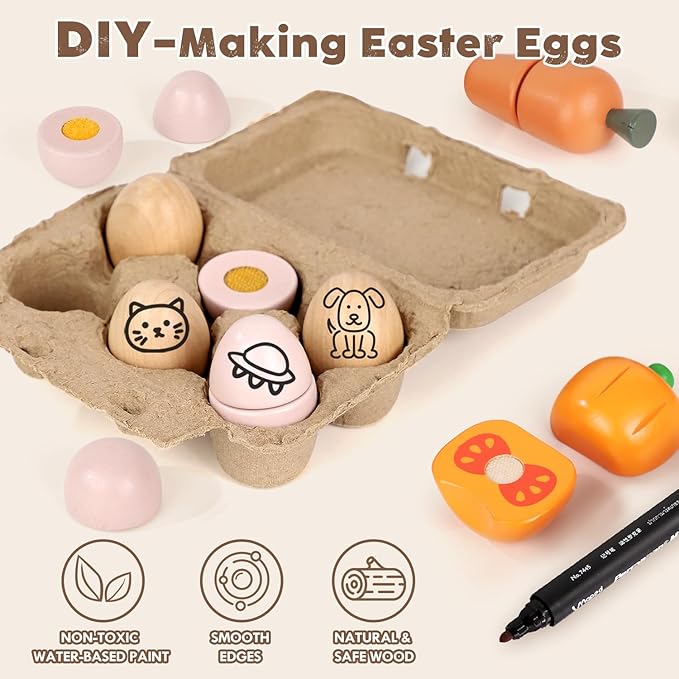 Lehoo Castle Wooden Play Food Sets for Kids Kitchen, Food Toys for Toddlers 3+ Year Old, with Shopping Bag, Pretend Food Play Kitchen Cutting Fruits Vegetables Toys, Gift for Boys Girls