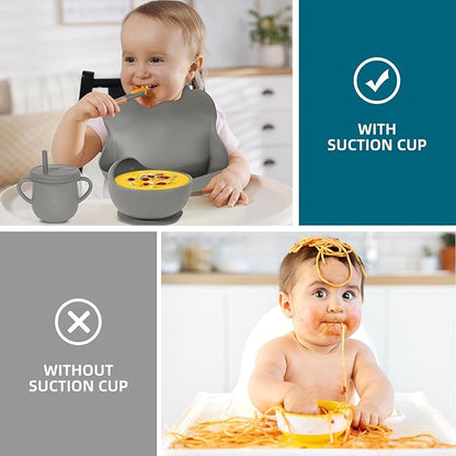 100% Silicone baby feeding set,BPA free Baby dishes set with Suction Bowl Divided Plate,Toddler Self Feeding Dish Set with Spoons Forks Sippy Cup And Bib, Baby Eating Utensils (Light Brown)