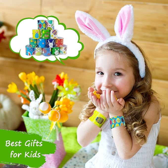 100Pcs Easter Slap Bracelets, Easter Basket Stuffers, Egg Fillers Gifts for Kids toddler boys, Easter Egg Hunt Event, Party Favors, Classroom Prizes, School Supplies