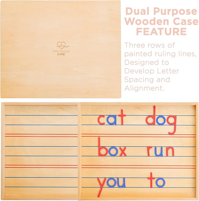 Movable Alphabet Montessori Wooden Letters- Moveable Alphabet with Box Letter Mats - Lower Case Letters - Writing, Reading, Spelling, and Language Learning Materials (Red and Blue)