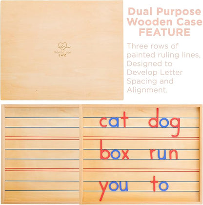 Movable Alphabet Montessori Wooden Letters- Moveable Alphabet with Box Letter Mats - Lower Case Letters - Writing, Reading, Spelling, and Language Learning Materials (Red and Blue)