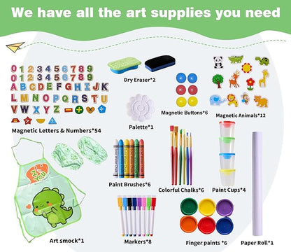 2-in-1 Double Sided Kid's Easel, Height-Adjustable Art Easel for Boys and Girls Ages 3-10, Including 100+ Accessories with Magnetic Chalkboard & Painting Board, Toddler Gifts (Light Green)