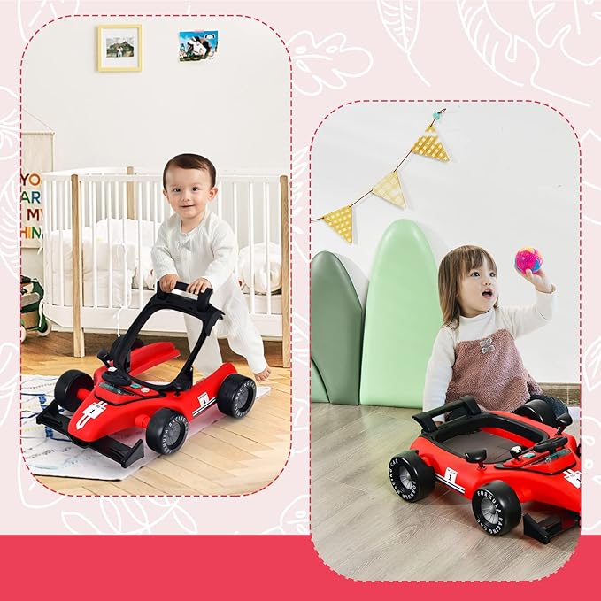 GLACER Foldable Baby Walker, 4-in-1 Infant Walker with Adjustable Height & Speed, Music, Light, Steering Wheel & Washable Cushion, Baby Walker Activity Center for Boys Girls 6 –18 Months (Red)