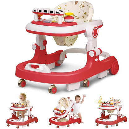 Baby Walker with Wheels, 4 in 1 Foldable Baby Walkers for Boys Girls 6-18 Months, 3 Level Height Adjustment with Bouncing, Feeding Tray & Music, Baby Walker with Activity Center, Toddler Push Walker
