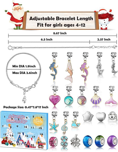 Christmas Advent Calendar 2024, Advent Calendars for Kids/Girl/Teens/Teenagers/Adult Women, Little Mermaid Charm Bracelet Jewelry Making Kit for Girls Crafts Mermaid Accessories, Gift for Girls 6-12