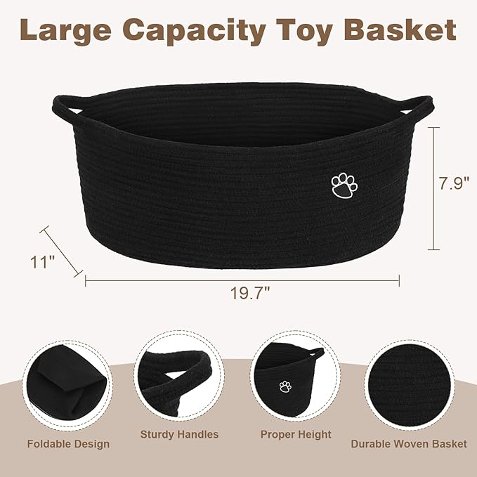 Optish Dog Toy Basket, Toy Box and Bin for Dog Cat Storage, 19.7" X 11" X 7.9" (30L) Large Woven Rope Basket for Blanket Storage, Living Room, Bedroom, Bedroom, Black