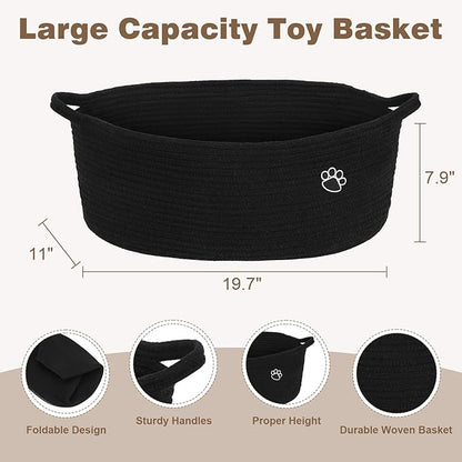 Optish Dog Toy Basket, Toy Box and Bin for Dog Cat Storage, 19.7" X 11" X 7.9" (30L) Large Woven Rope Basket for Blanket Storage, Living Room, Bedroom, Bedroom, Black