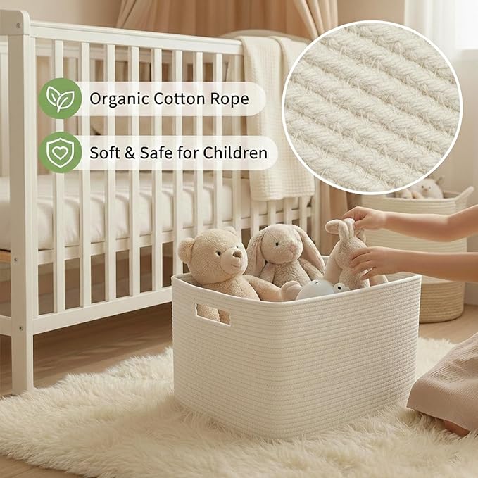 JMvicyroam Woven Blanket Basket,65L Large Storage Bin for Blankets Toys Clothes,Decorative Rope Basket for Living Room Bedroom with Handles, White