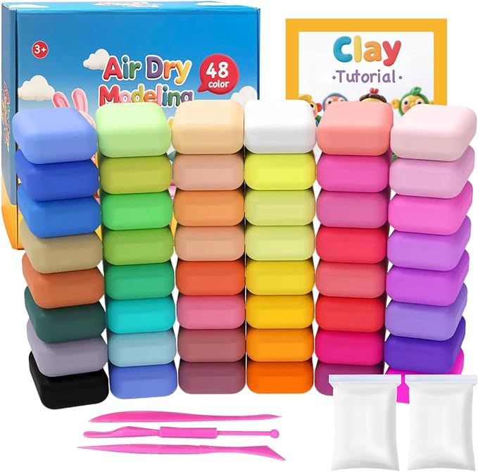 48 Colors Air Dry Modeling Clay with Bonus 2 White, Ultra Light Molding Clay Kit & Tools Gift Set for Kids Boys Girls, Soft Non-Sticky Magic Clay for Art Crafts