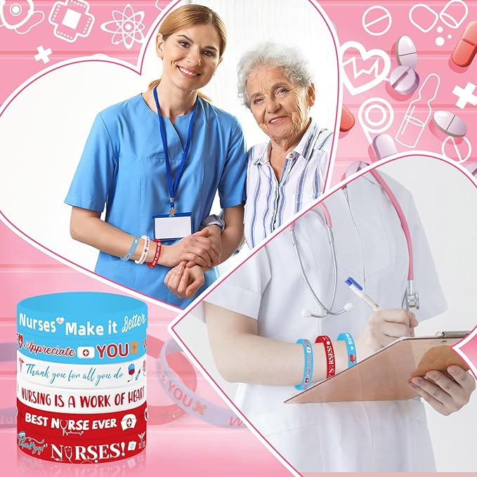 JUNEBRUSHS 42pcs Thank You Nurse Party Favors Silicone Bracelets Graduate Inspirational Rubber Wristbands Accessories for Nurse Appreciation Week Decorations Party Favors Supplies(6 Designs)