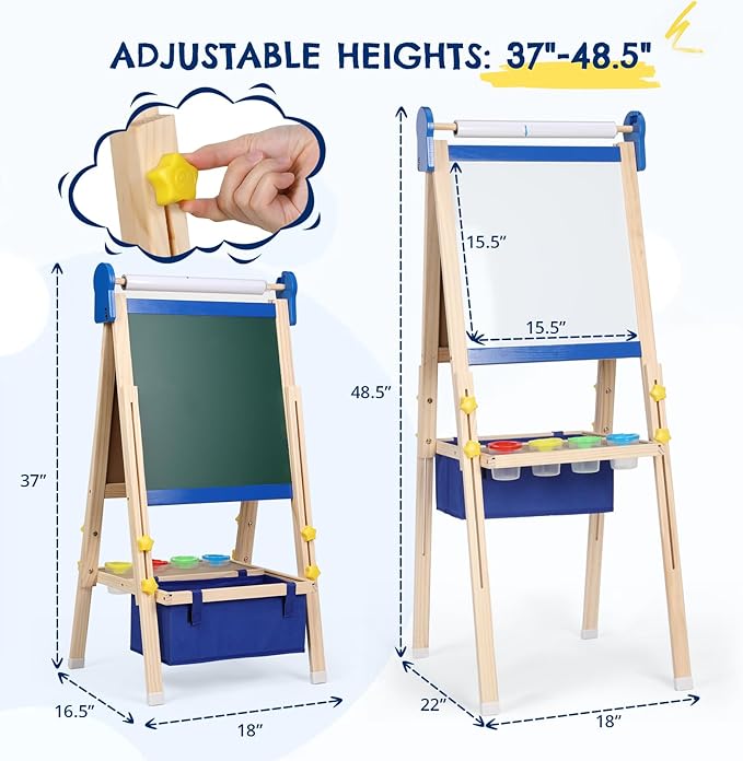 Kids Easel 3-1,Magnetic Chalkboard & Whiteboard, Paper Painting, Big Storage with Canvas Bag, Painting Sets with Finger Paints,Chalks,Brushes,Number Letters Magnets, Apron, Gift for Kids, Blue