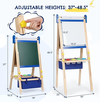 Kids Easel 3-1,Magnetic Chalkboard & Whiteboard, Paper Painting, Big Storage with Canvas Bag, Painting Sets with Finger Paints,Chalks,Brushes,Number Letters Magnets, Apron, Gift for Kids, Blue