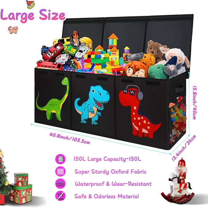 Mabahoo Extra Large Toy Box Chest, Collapsible Sturdy Kids Storage Organizer Bins with Lids, Black Dinosaur Toy Chest for Boys Girls, 40"x16"x16" Toy Storage Bin Boxes for Playroom Bedroom Nursery