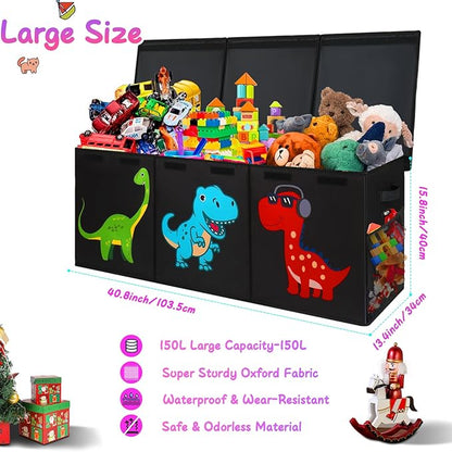 Mabahoo Extra Large Toy Box Chest, Collapsible Sturdy Kids Storage Organizer Bins with Lids, Black Dinosaur Toy Chest for Boys Girls, 40"x16"x16" Toy Storage Bin Boxes for Playroom Bedroom Nursery
