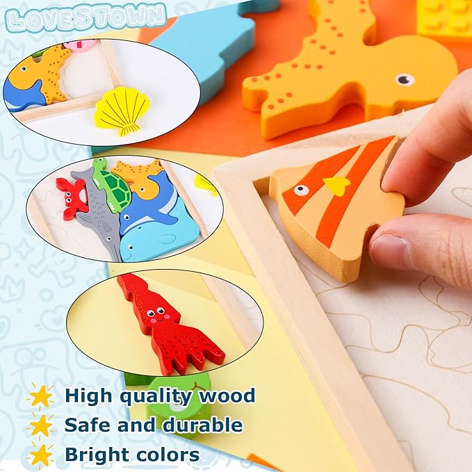 LovesTown 12PCS Wooden Stacking Puzzles, Educational Toys Sea Animal Chunky Jigsaw Puzzles for Kids