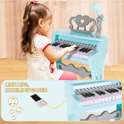 deAO Toddler Piano for Girls 3-6 Years - 25 Key Baby Piano Keyboard with Stool & Microphone-22 Songs Educational Musical Toy, Birthday Christmas Girls Gifts (Blue)
