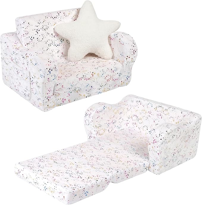 Shiny Star Toddler Couch, 2-in-1 Toddler Soft Couch Fold Out with Star Pillow, Convertible Sofa to Lounger for Girls and Boys, 1-Seat