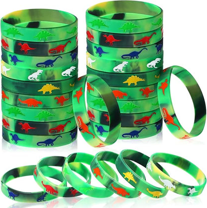 30 Pack Dinosaurs Silicone Wristbands Dinosaurs Wristband Bracelets Dinosaur Party Favors Bracelet Gifts Bag Stuffer for Jungle Dinosaur Themed Birthday Party Supplies (Green)