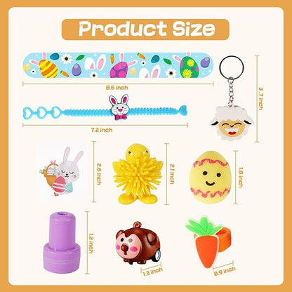 60 PCS Easter Egg Fillers, Easter Basket Stuffers with Slap Bracelets Rubber Wristbands Stickers Stampers Cars Ring Keychains Puffer Fidget Toys, Easter Party Favors, Classroom Prizes Gift Exchange