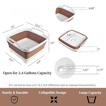 GIMWA Collapsible Wash Basin for Baby Bottles - 2.4 Gallons Portable Wash Bin for RV Camping Sink, Space-Saving Dish Tub (Mocha)