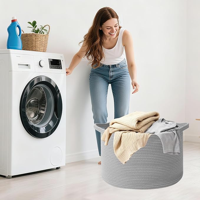90L Extra Large Blanket Basket,Rope Woven Storage Basket with Handles, Laundry Hamper for Toys, Clothes, Pillows & Towels, Perfect for Living Room, Nursery & Bedroom,Light Grey