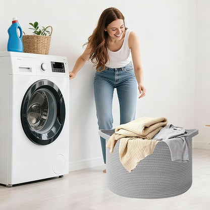 90L Extra Large Blanket Basket,Rope Woven Storage Basket with Handles, Laundry Hamper for Toys, Clothes, Pillows & Towels, Perfect for Living Room, Nursery & Bedroom,Light Grey
