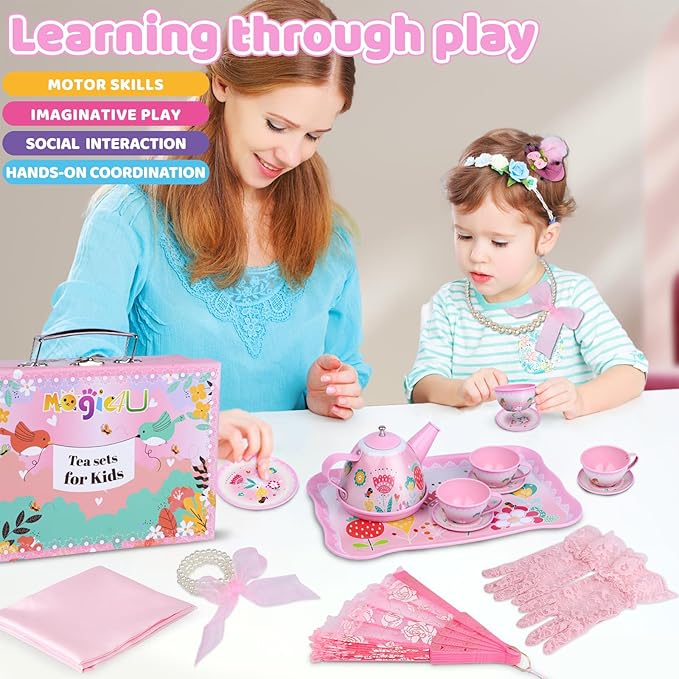 Tea Party Set for Little Girls, Tin Tea Set with Gloves Fan Necklace Bracelet Dress Up Accessories, Princess Tea Time Toys, Kitchen Pretend Play Toy, Birthday Gifts for Kids Toddler Age 3-8