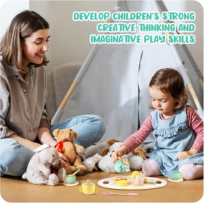 GAGAKU Wooden Tea Set for Little Girls,Wooden Toys Toddler Tea Set Play Kitchen Accessories for Kids Pretend Play Food Playset for Kids Tea Party 15Pcs