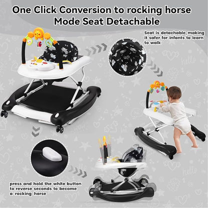 Baby Walker, 5 in 1 Baby Walkers for Boys Girls 6-12 Months, Foldable Walkers for Babies with Bouncer & Feeding Tray, Music, Adjustable Heights, Activity Walker for Infant
