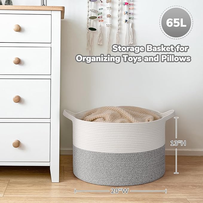 Goodpick Large Storage Basket 19.7'' x 12.6'', Basket for Blankets Living Room, Toy Storage Organizer for Clothes, Toys, 65L Grey